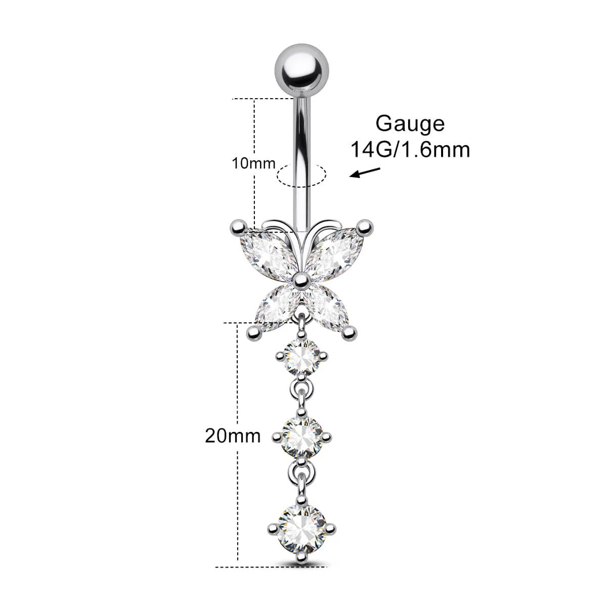 14G Clear CZ Butterfly Belly Button Ring