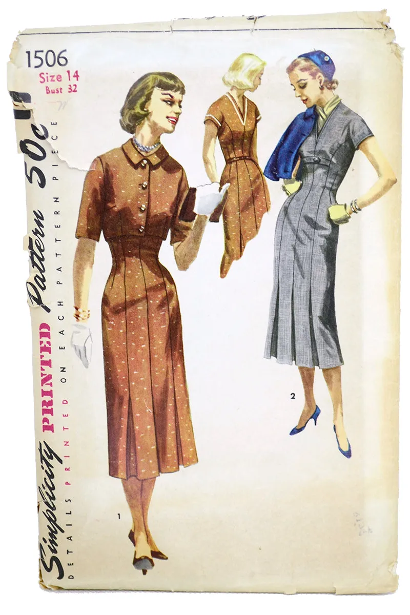 1956 Simplicity 1506 Vintage Sewing Pattern for Dress and Cropped Jacket