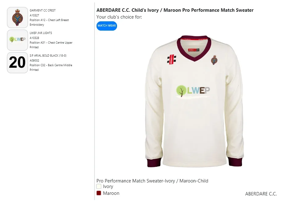 ABERDARE C.C. Child's Ivory / Maroon Pro Performance Match Sweater