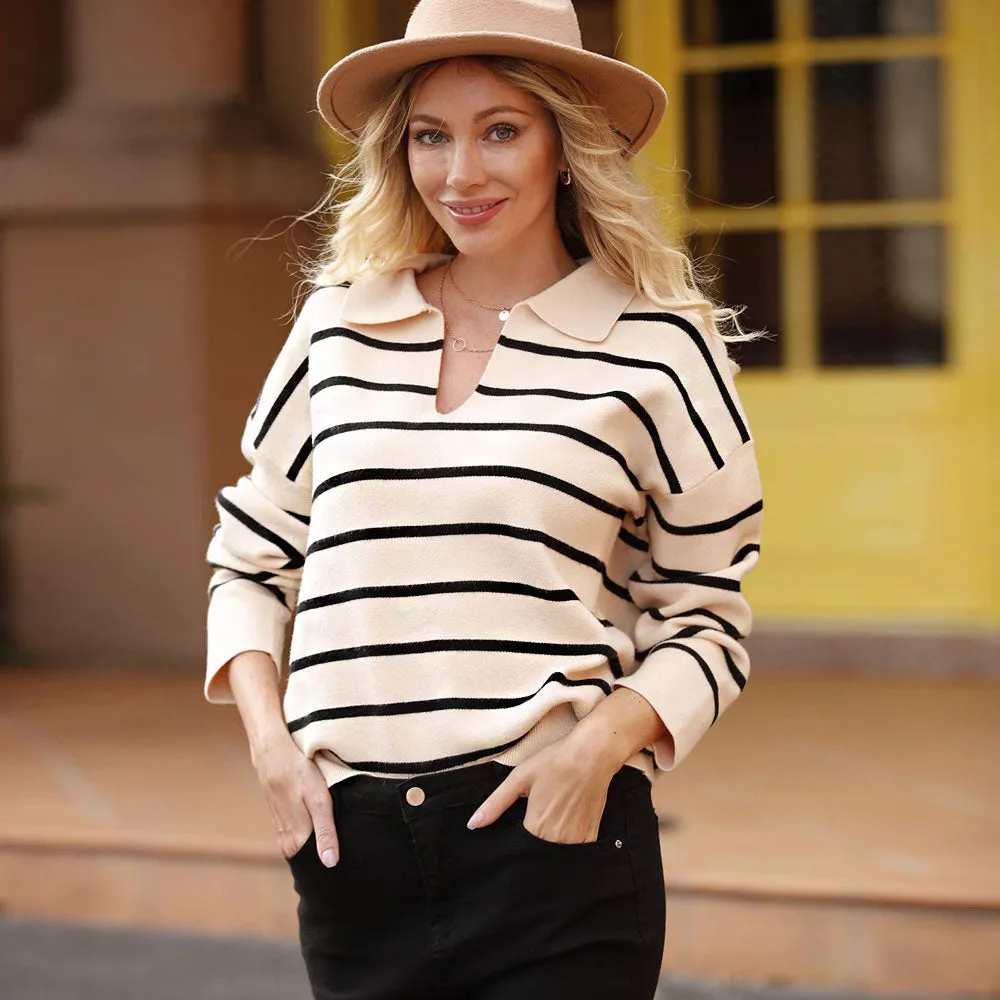 Airport Style Collared V Neck Apricot and White Striped Sweater