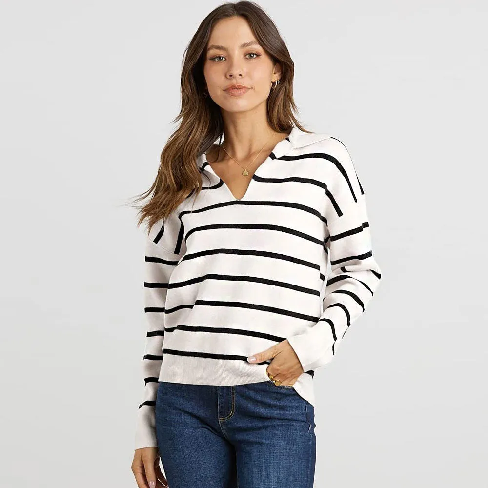 Airport Style Collared V Neck Apricot and White Striped Sweater