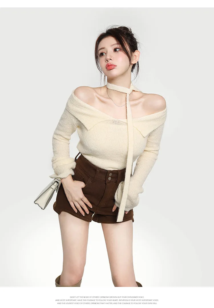 Ali Solid Color Ribbed Off The Shoulder Long Sleeve Cropped Top