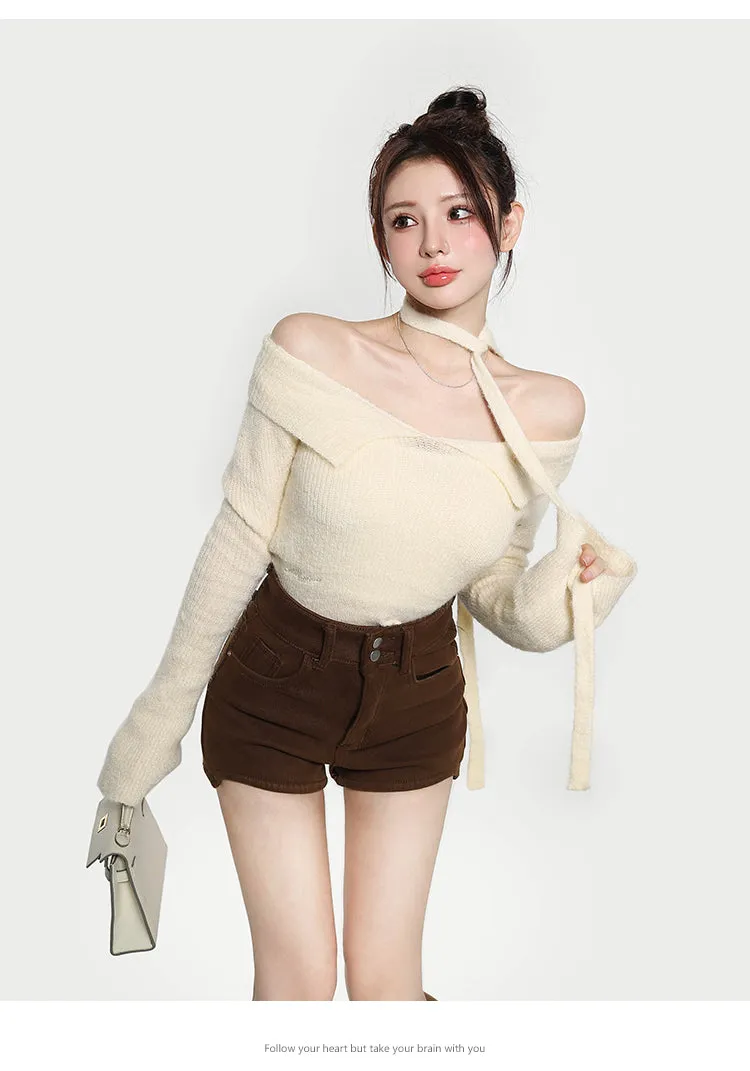 Ali Solid Color Ribbed Off The Shoulder Long Sleeve Cropped Top