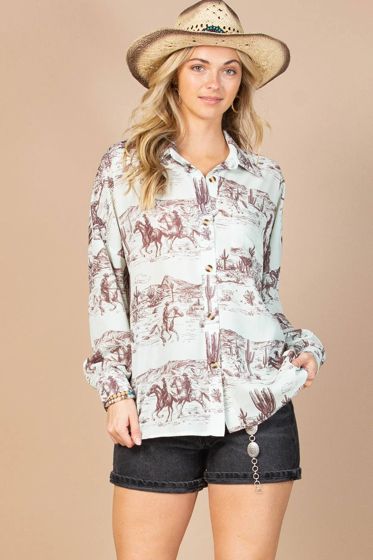 Annie Oakley Western Print Button Down Woven Shirt