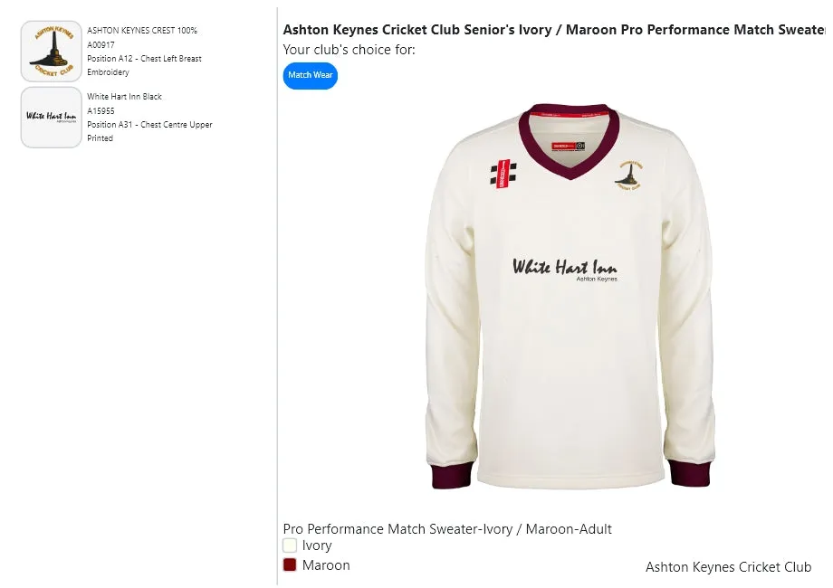 Ashton Keynes Cricket Club Senior's Ivory / Maroon Pro Performance Match Sweater