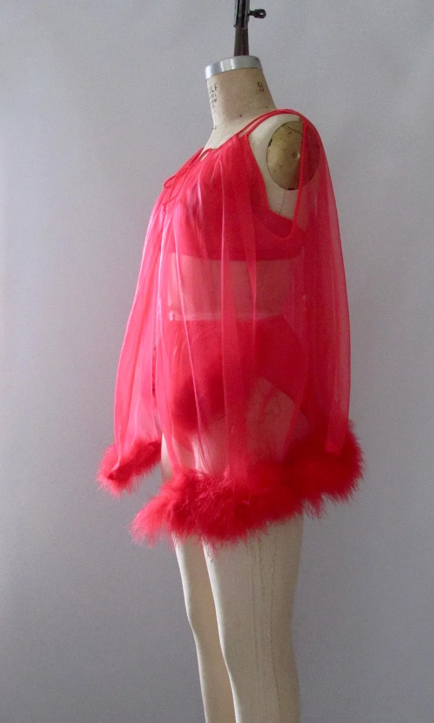 BABYDOLL 60s Red 3 Piece Lingerie Set, Panties Bra & Bed Jacket, Med Lg