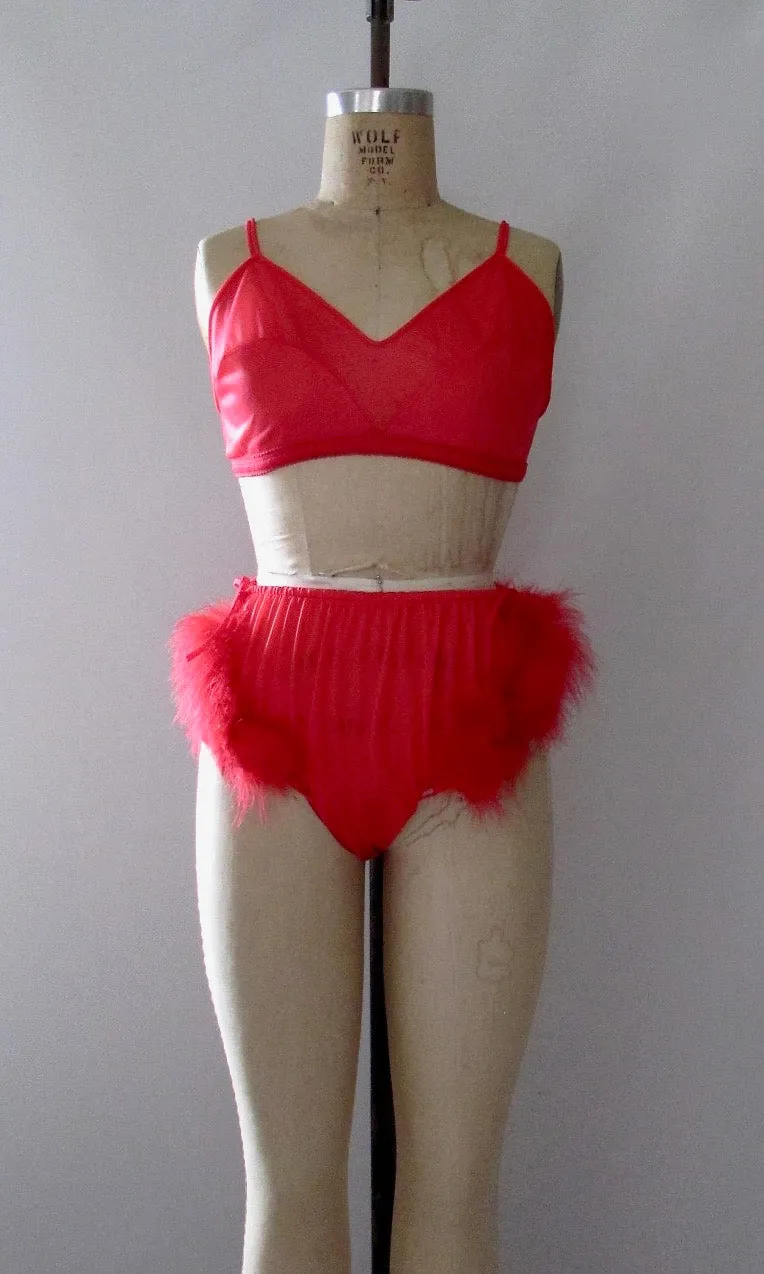 BABYDOLL 60s Red 3 Piece Lingerie Set, Panties Bra & Bed Jacket, Med Lg