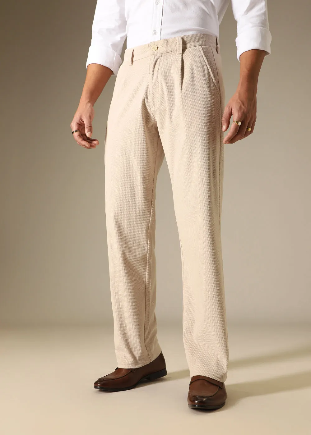 Beige Textured Corduroy Pant