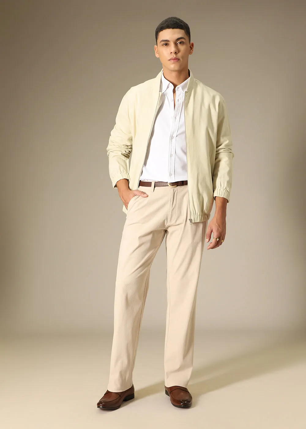 Beige Textured Corduroy Pant