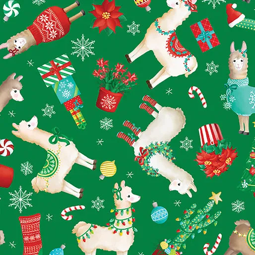 Benartex Happy Llamadays 14434 44 Tossed Holiday Llamas Medium Green By The Yard