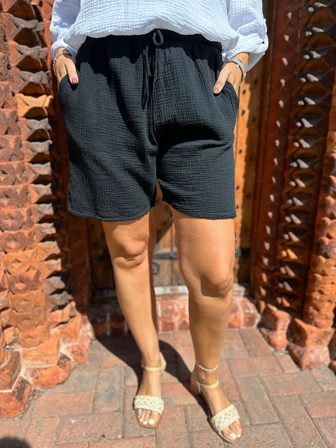 Black Bubble Cotton Drawstring Shorts