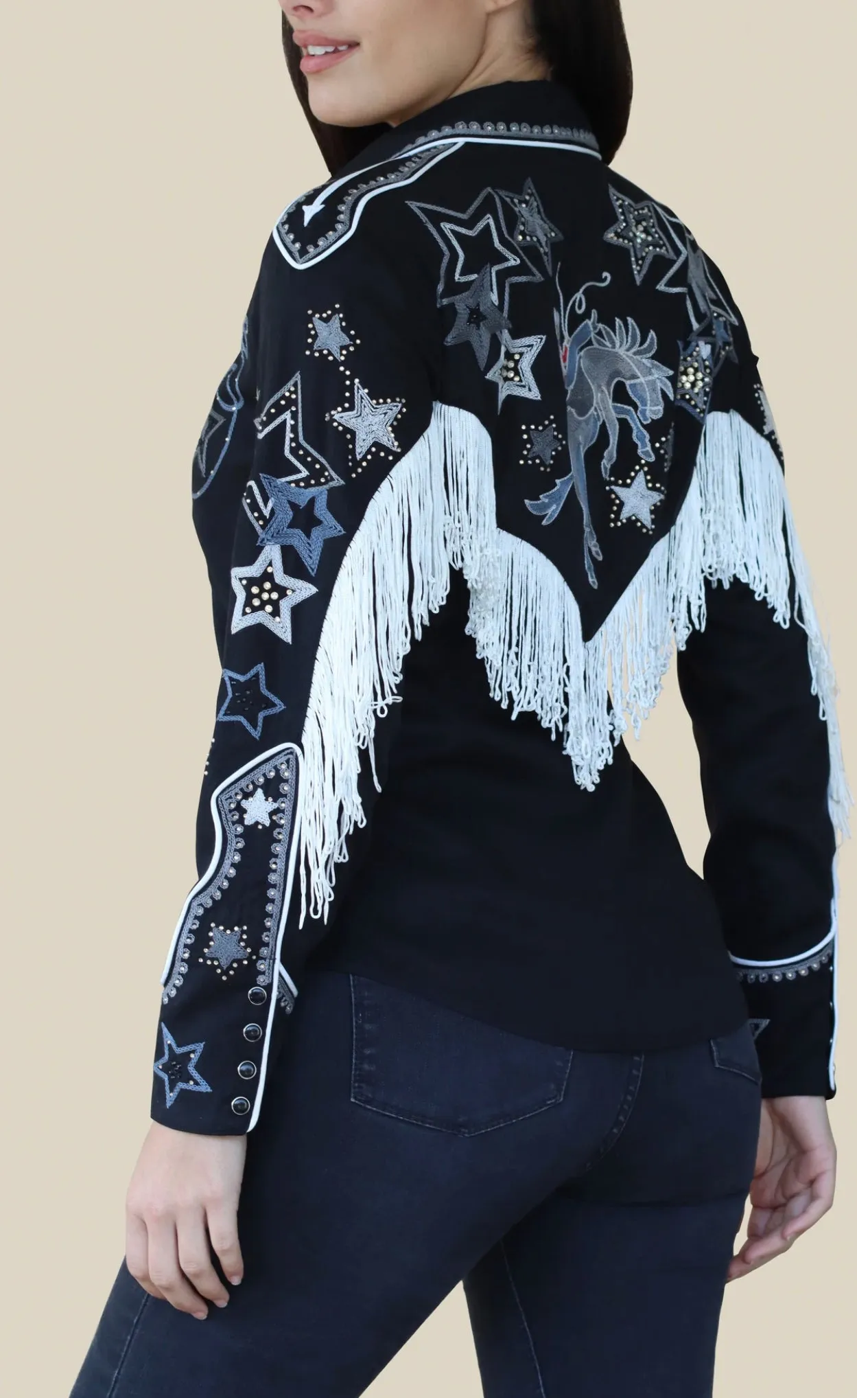 Black Shirt Embroidered Full Fringe on Sleeves and Back!