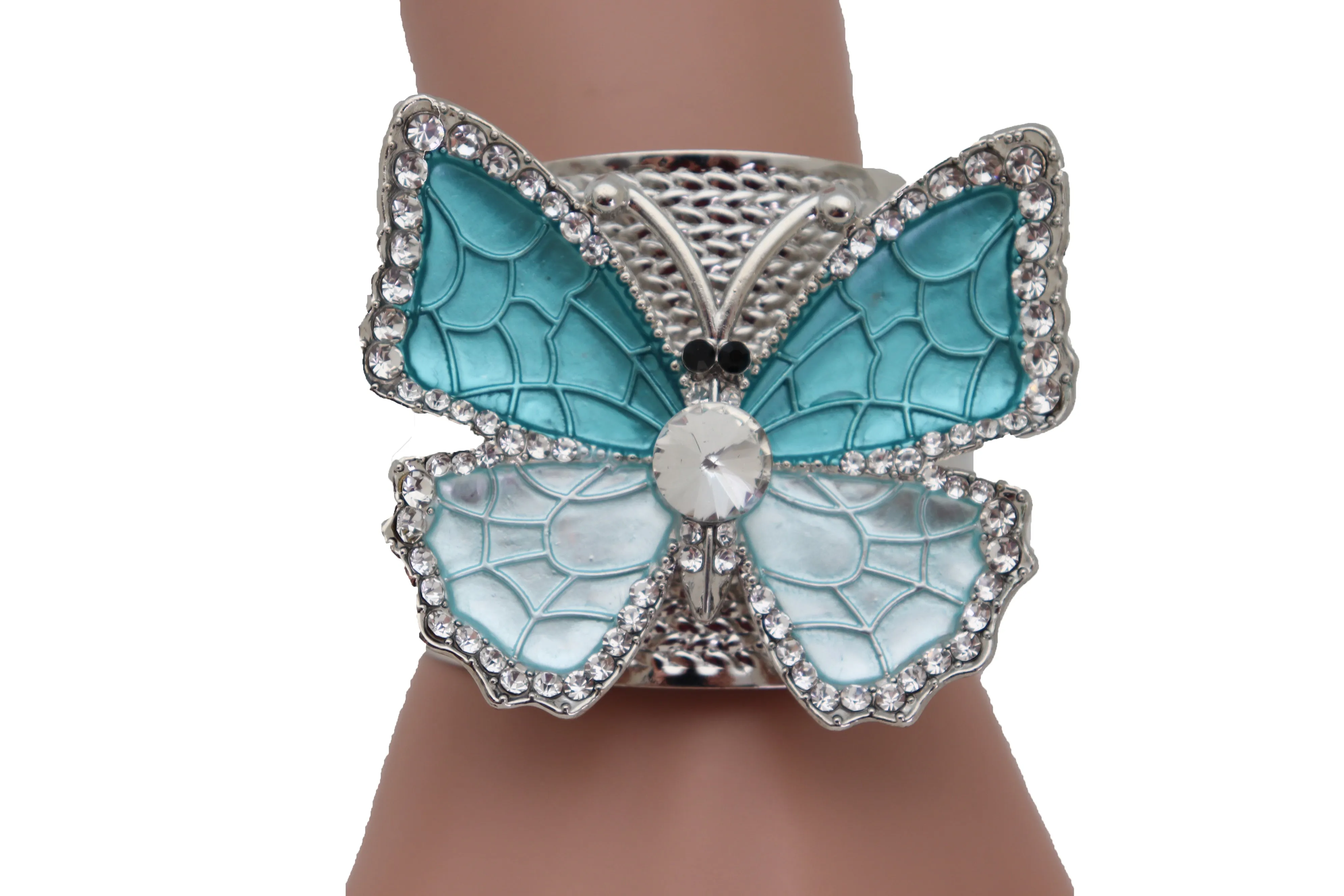 Blue Butterfly Silver Metal Cuff Bracelet Bling Dressy Fashion Hot Jewelry