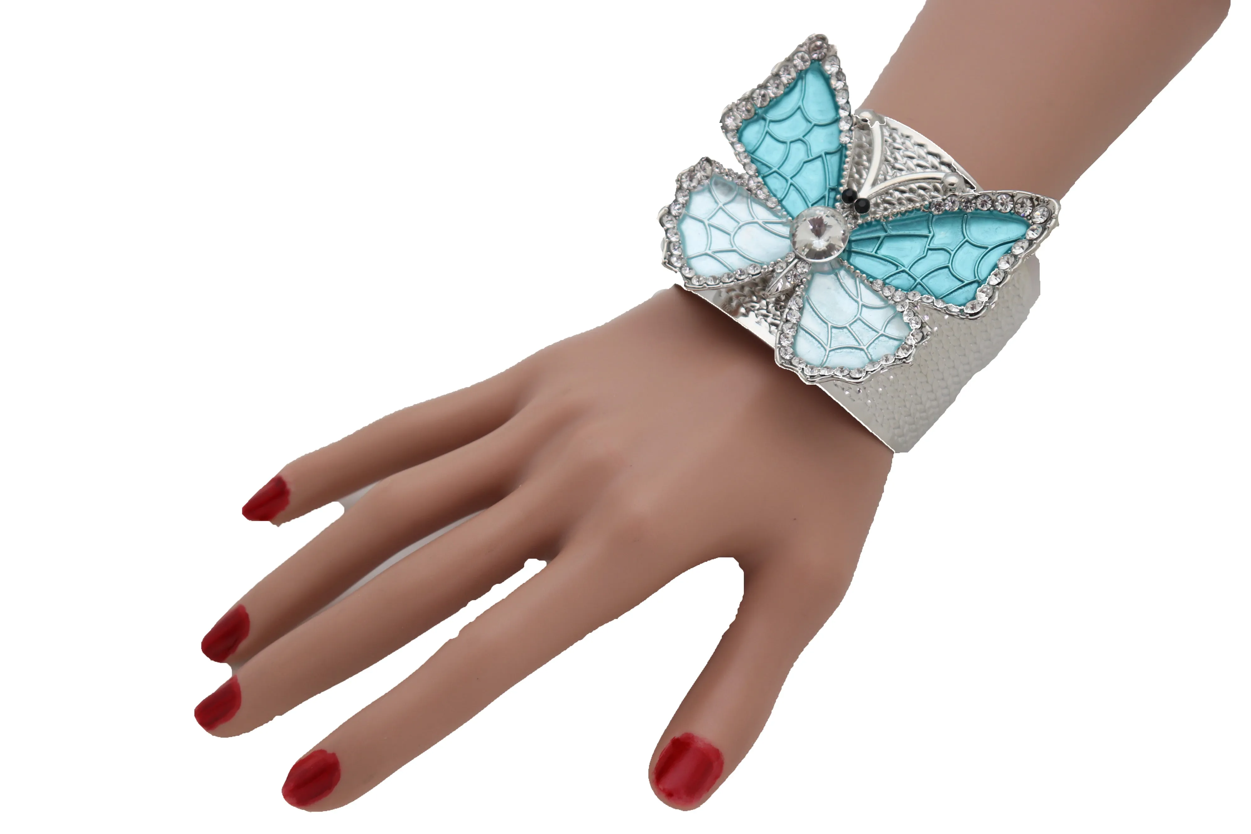 Blue Butterfly Silver Metal Cuff Bracelet Bling Dressy Fashion Hot Jewelry