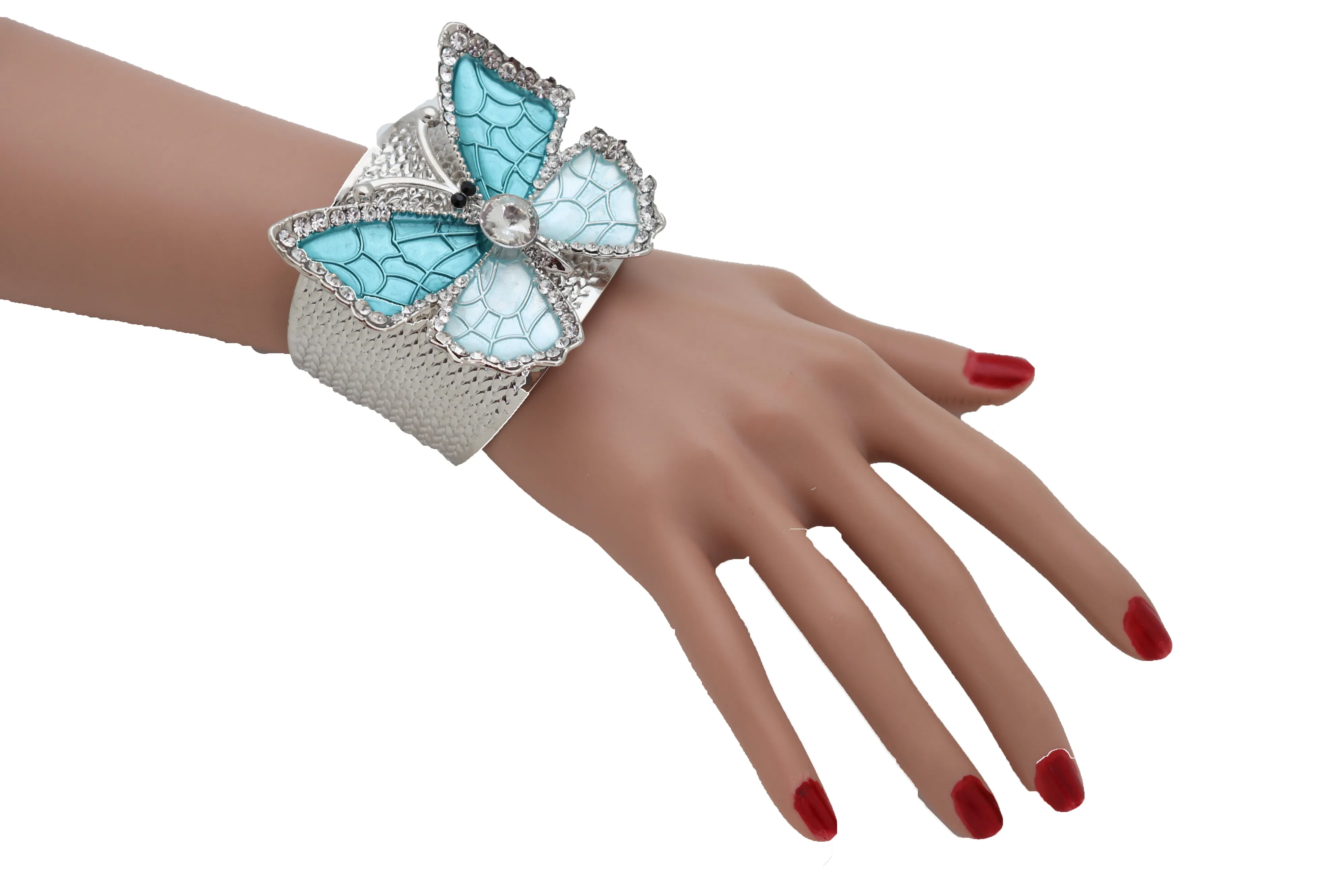 Blue Butterfly Silver Metal Cuff Bracelet Bling Dressy Fashion Hot Jewelry