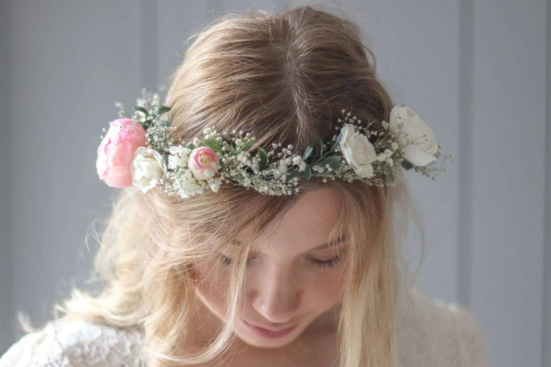 Blush Pink Peony and Little Baby's Breath Bridal Flower Crown with silk roses