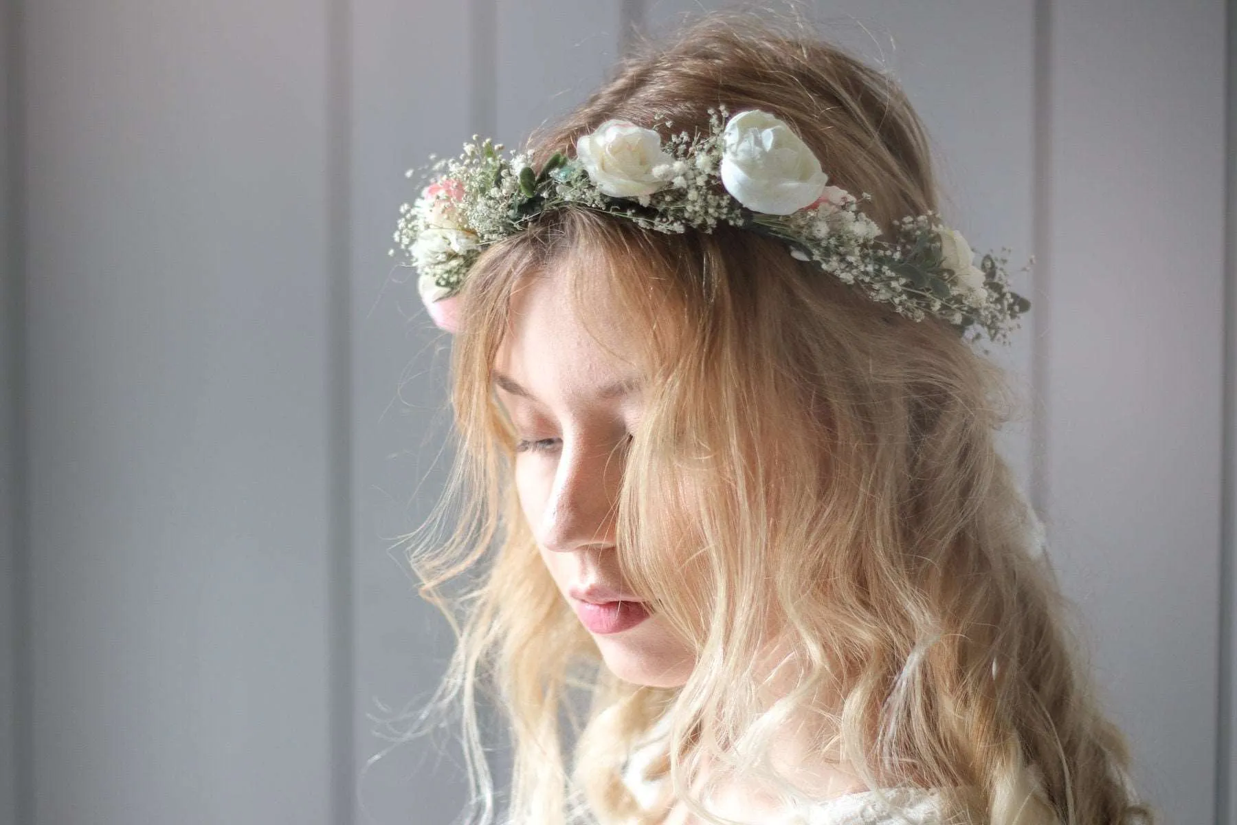 Blush Pink Peony and Little Baby's Breath Bridal Flower Crown with silk roses