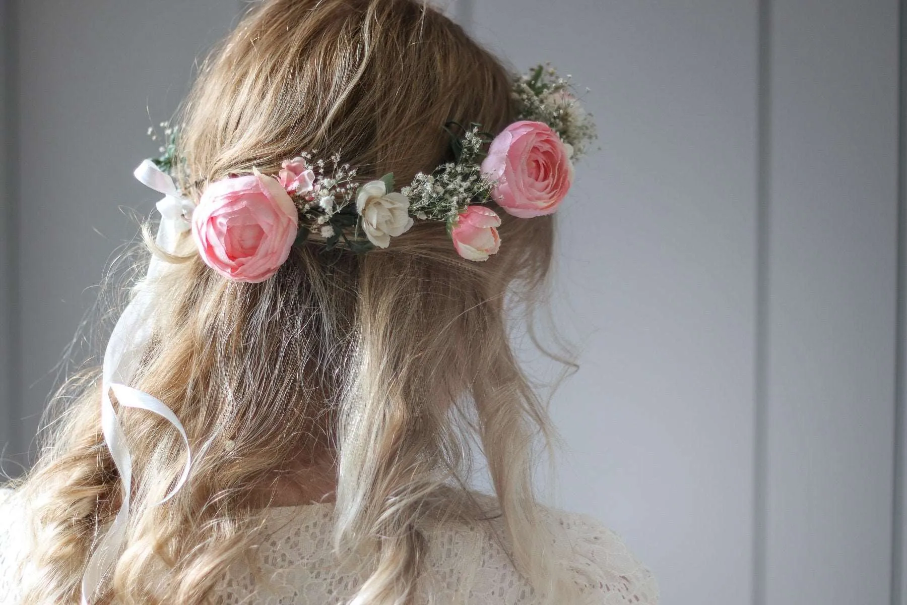 Blush Pink Peony and Little Baby's Breath Bridal Flower Crown with silk roses