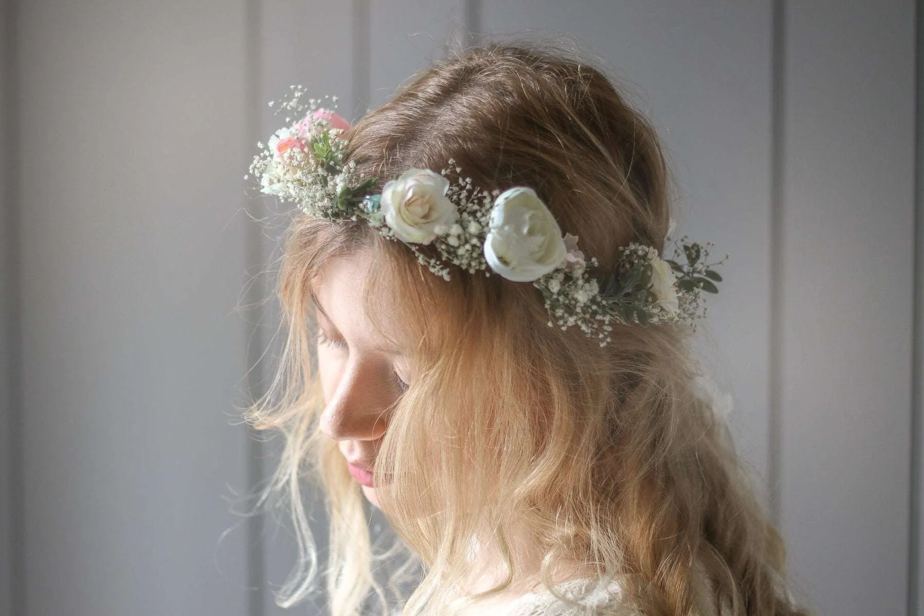 Blush Pink Peony and Little Baby's Breath Bridal Flower Crown with silk roses