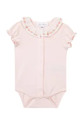 Bodysuit - Pink Ruffled Collar Embroidered