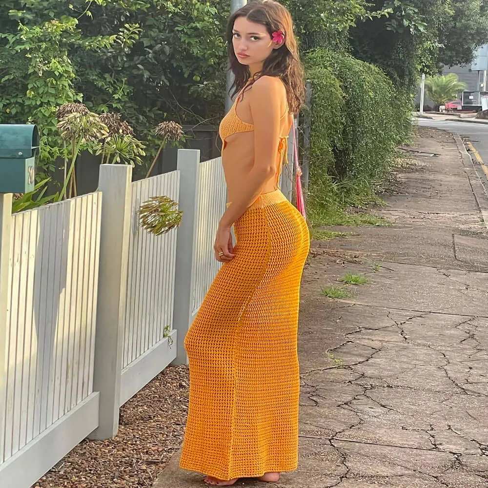 Bohemian Chic Solid Orange High Waist Crochet Knit Maxi Skirt