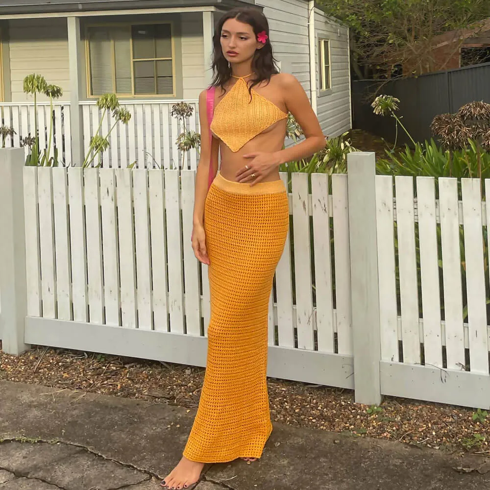 Bohemian Chic Solid Orange High Waist Crochet Knit Maxi Skirt