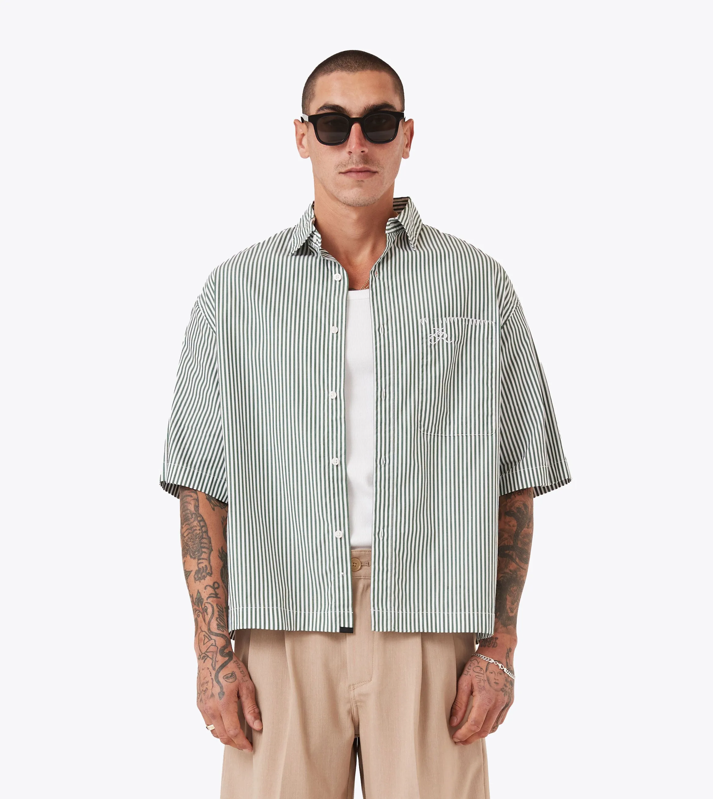 Box Crop Shirt Green Stripe