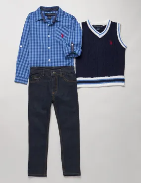 BOYS 3 PIECE SET: VEST, SHIRT & JEANS