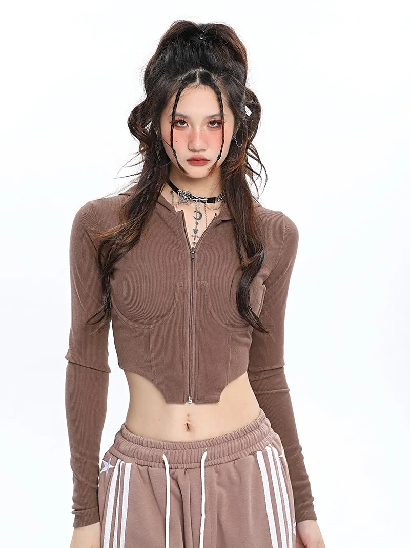 Britney Solid Color Long Sleeve Slim Underbust Corset Hooded Top