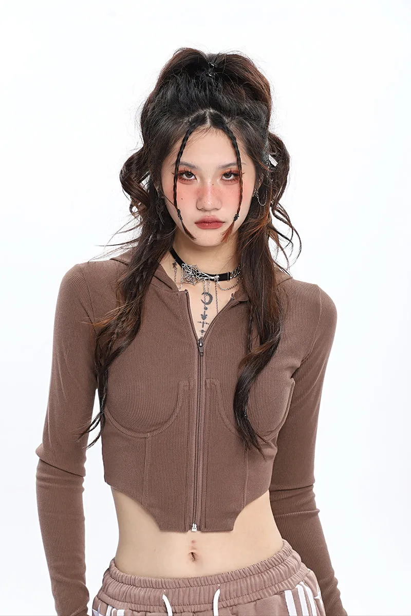 Britney Solid Color Long Sleeve Slim Underbust Corset Hooded Top