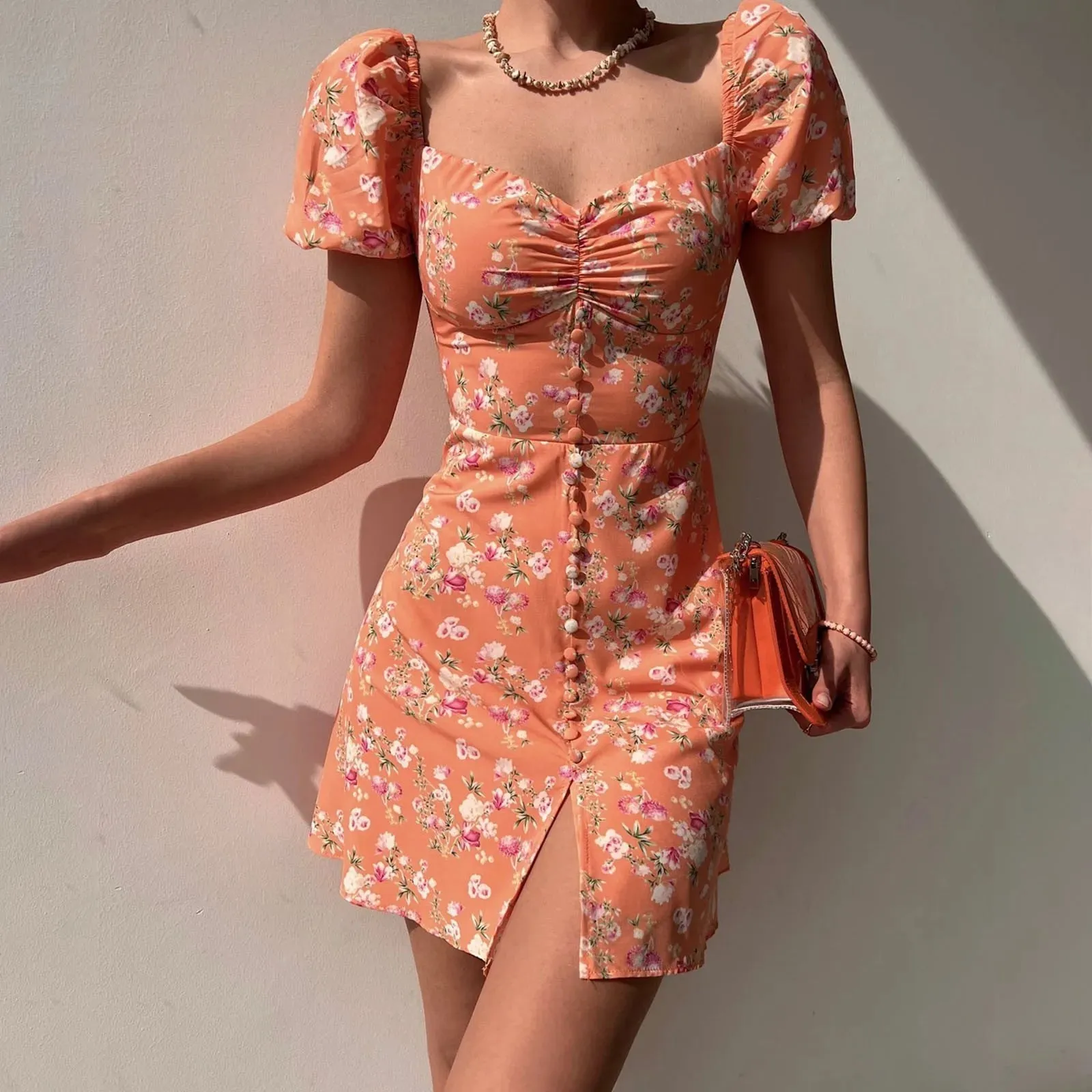 Bubble Sleeve V Neck Elegant Clearance Sale Women's Floral Shorts Boho Dress