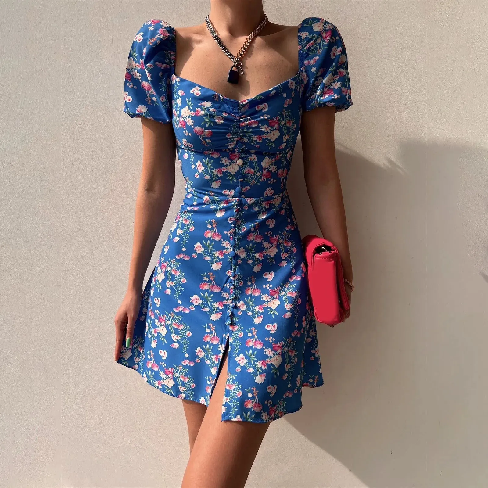 Bubble Sleeve V Neck Elegant Clearance Sale Women's Floral Shorts Boho Dress