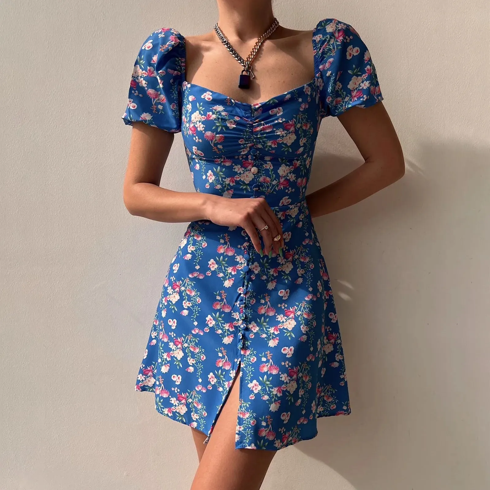 Bubble Sleeve V Neck Elegant Clearance Sale Women's Floral Shorts Boho Dress