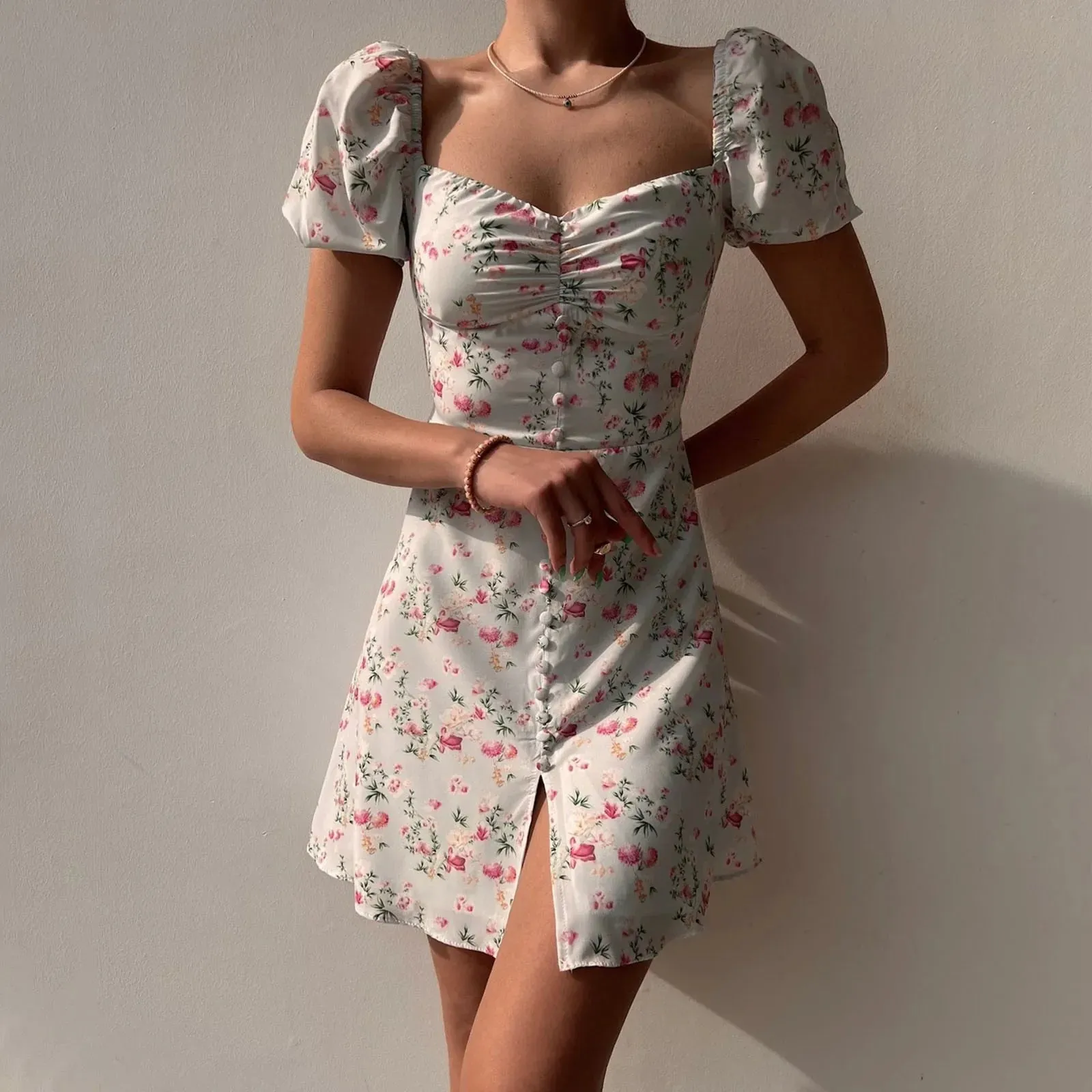 Bubble Sleeve V Neck Elegant Clearance Sale Women's Floral Shorts Boho Dress