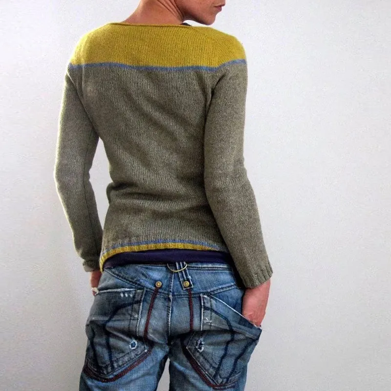 Casual Roll Trim Boat Neck Long Sleeve Colorblock Striped Pullover Sweater