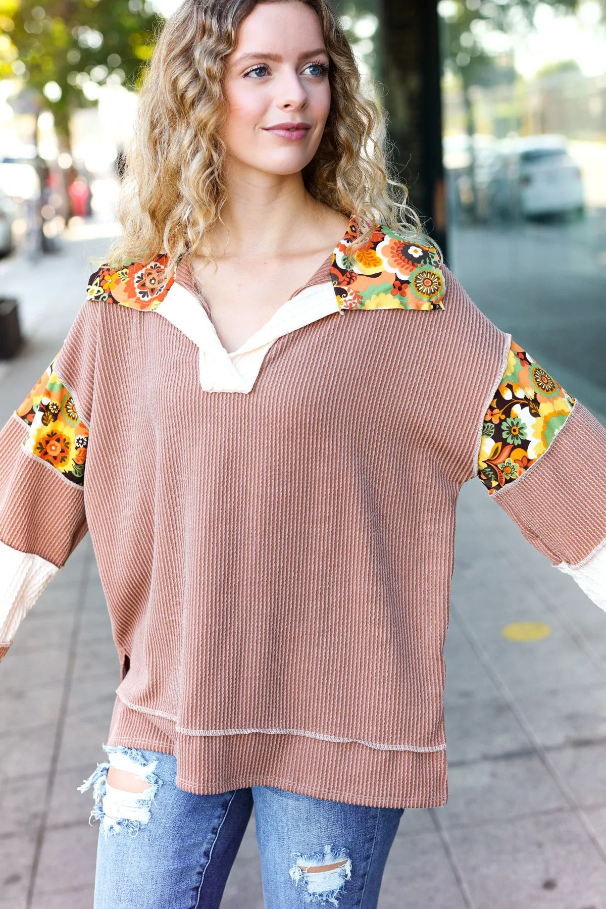 Charming Caramel Floral Print Colorblock Notch Neck Top (Open Pack)