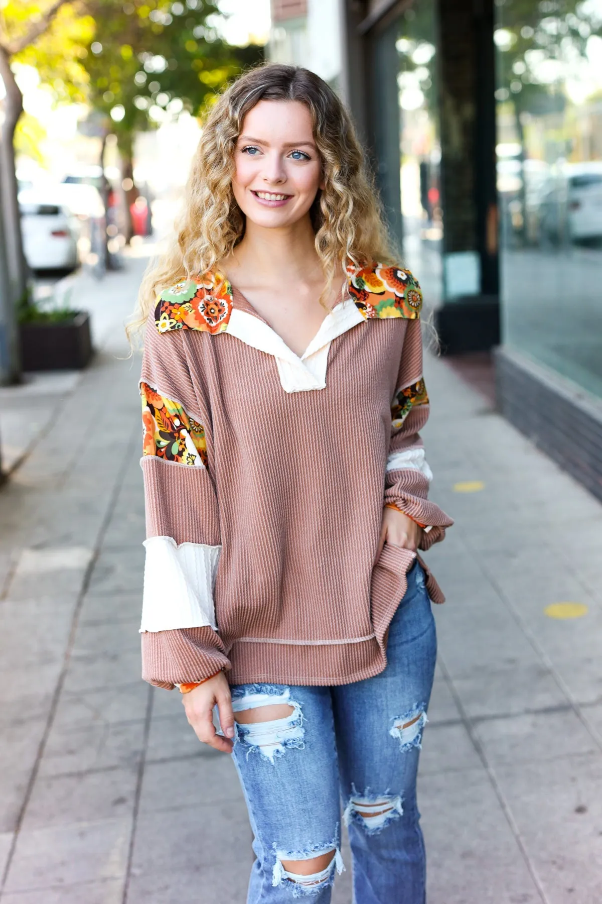 Charming Caramel Floral Print Colorblock Notch Neck Top (Open Pack)