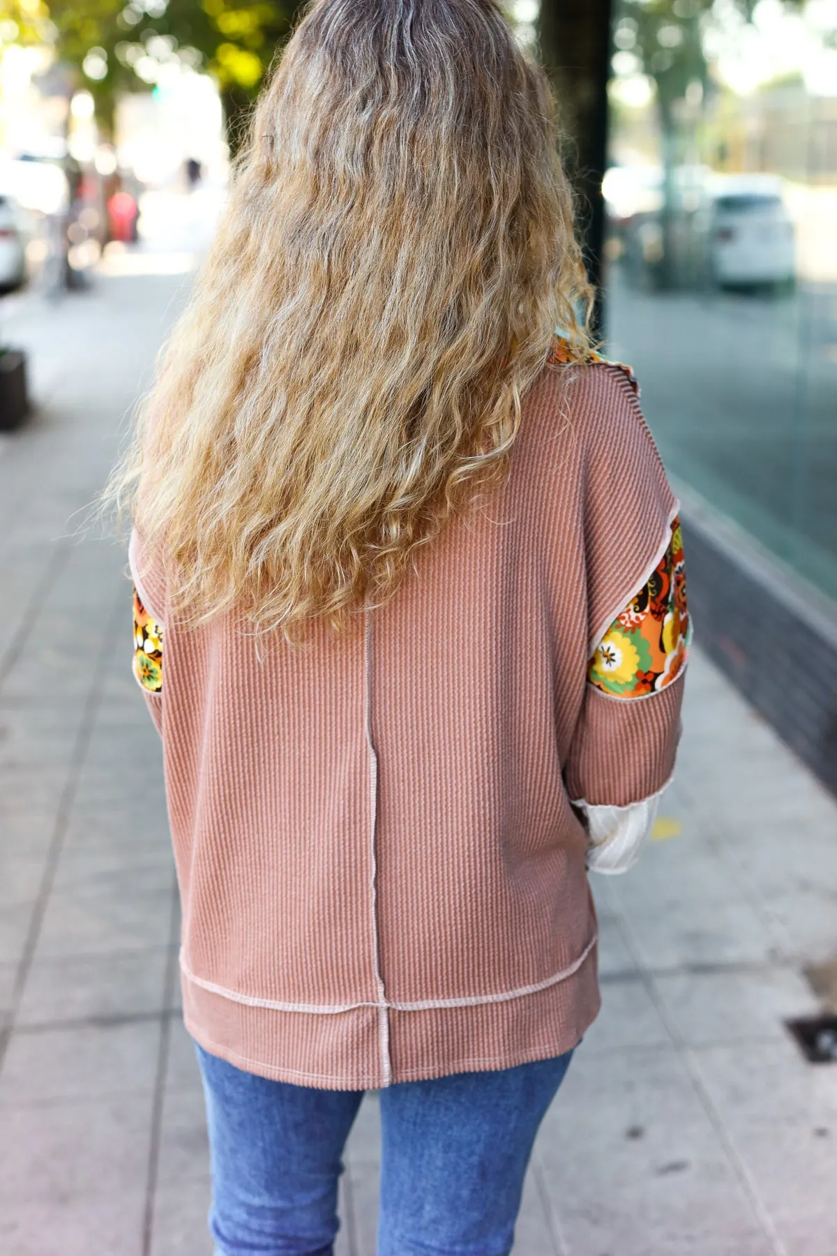 Charming Caramel Floral Print Colorblock Notch Neck Top (Open Pack)