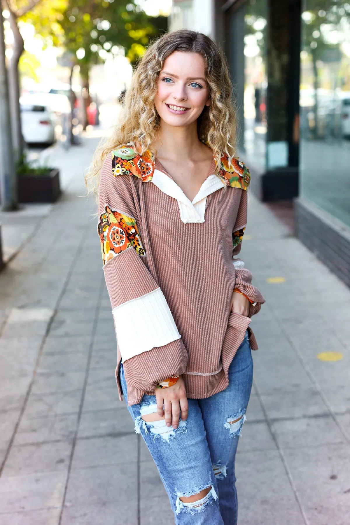 Charming Caramel Floral Print Colorblock Notch Neck Top (Open Pack)