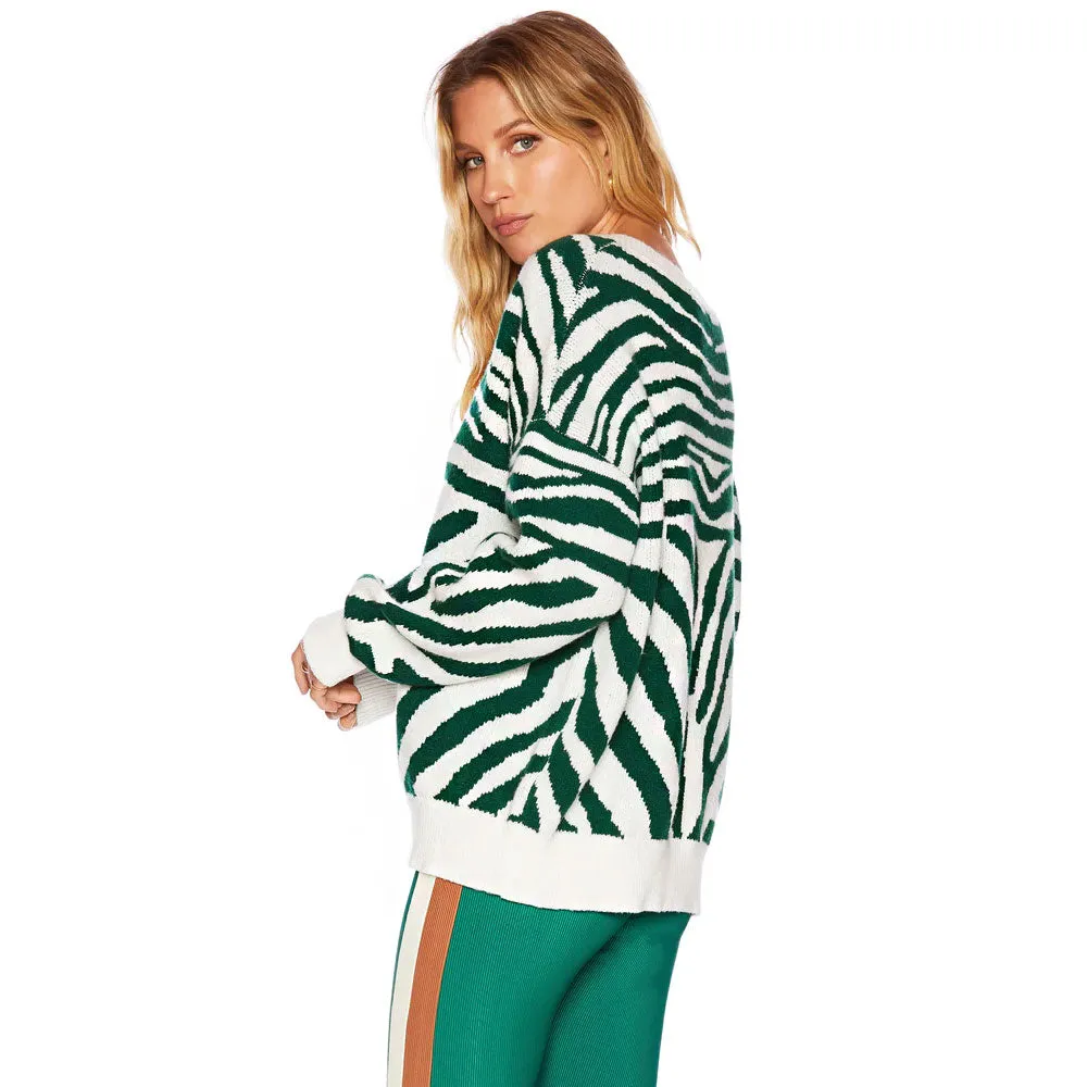 Contrast Green Zebra Pattern V Neck Oversized Pullover Sweater