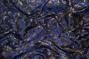 Crushed Metallic Floral Brocade - Royal Blue / Taupe / Black