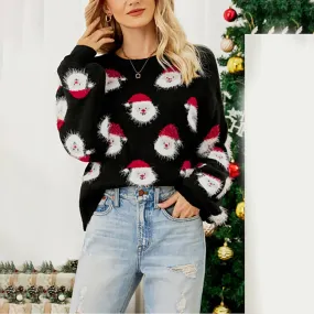 Cute Cozy Warm Festive Comfortable Casual Fleece Knitted Santa Head Crewneck Pullover Sweater