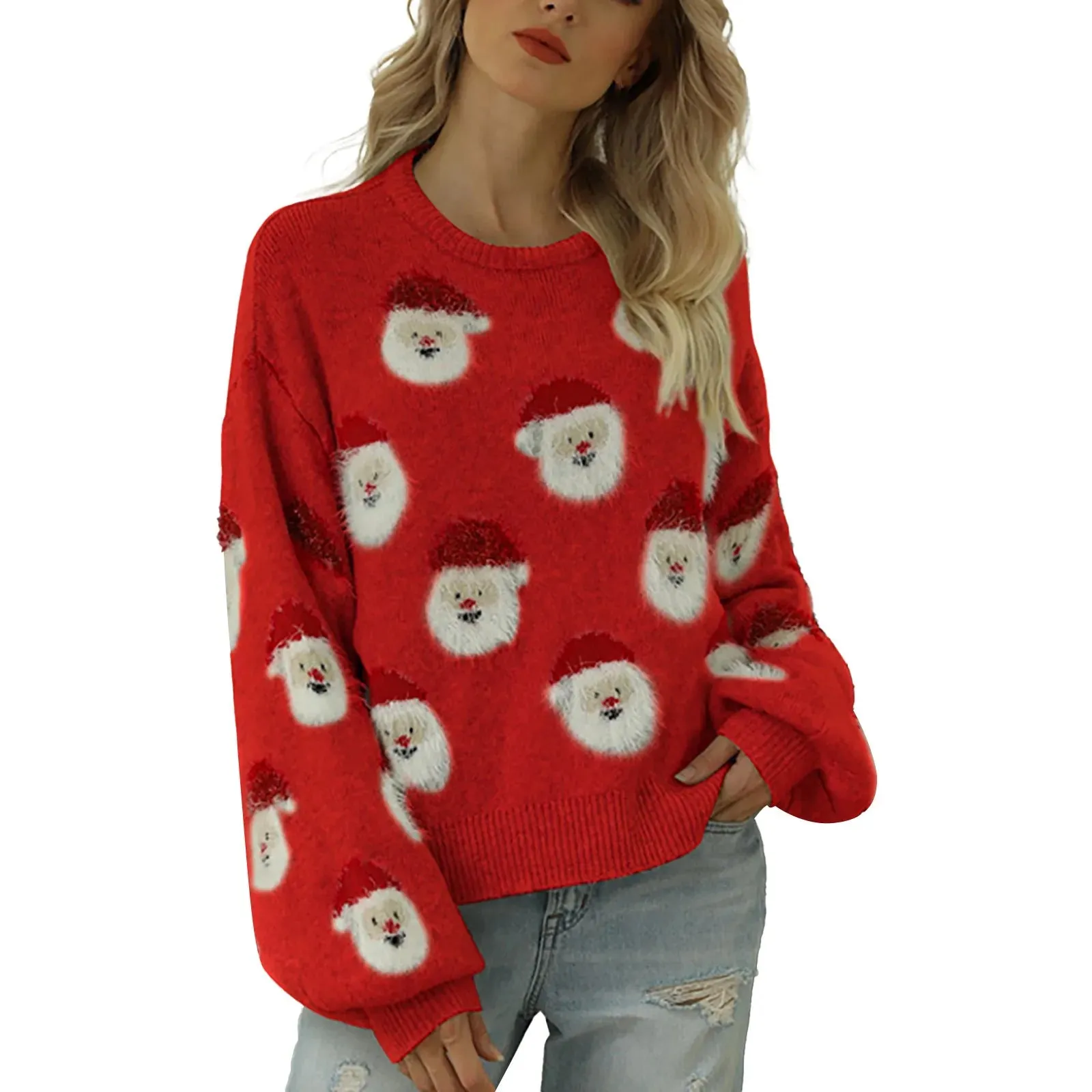 Cute Cozy Warm Festive Comfortable Casual Fleece Knitted Santa Head Crewneck Pullover Sweater