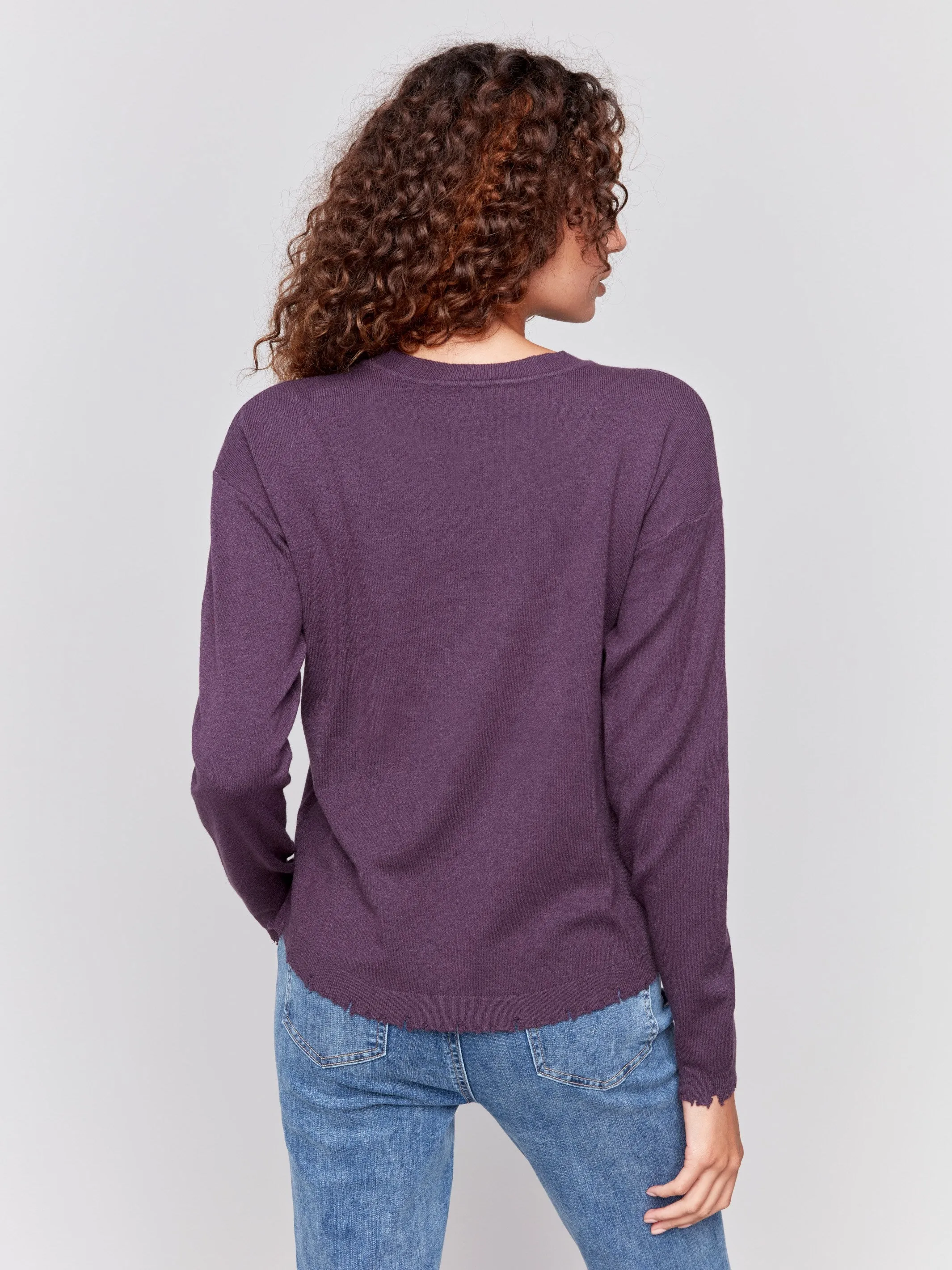 Frayed Edge Round Hem Sweater - Plum