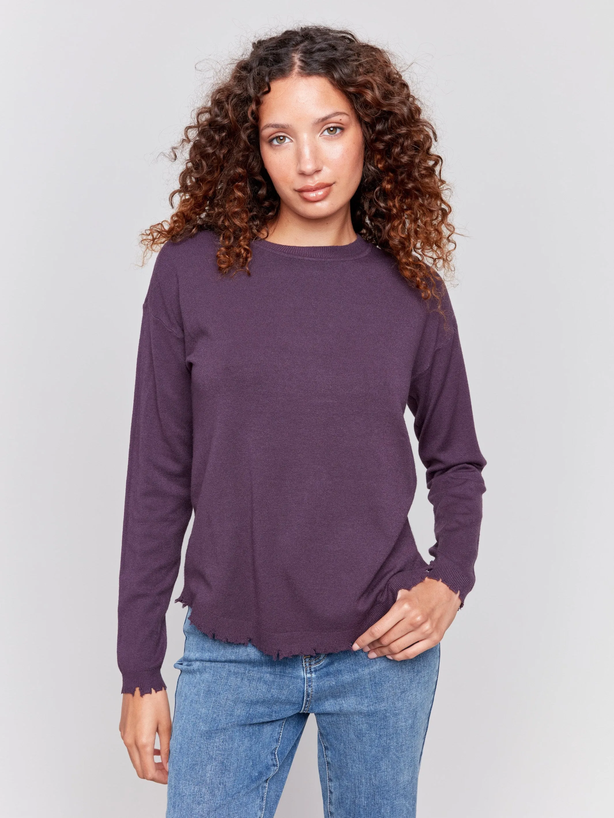 Frayed Edge Round Hem Sweater - Plum