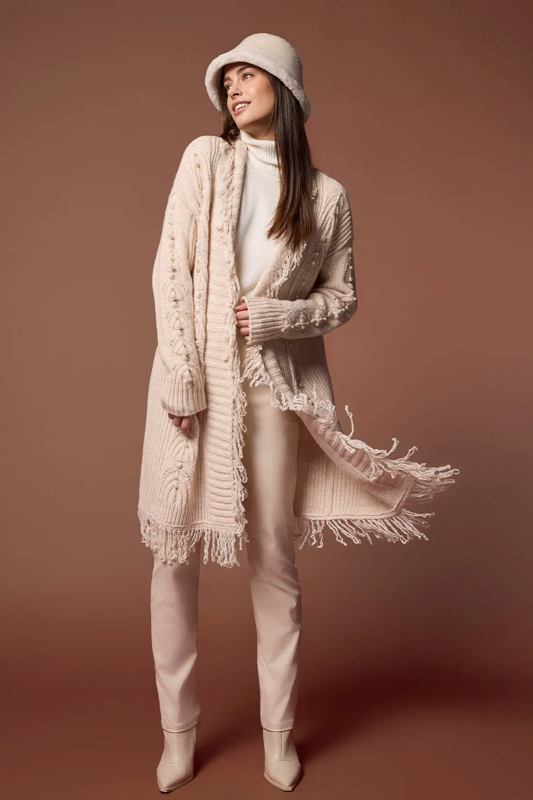 FRINGED SWEATER CARDIGAN WITH PEARL DETAILS-Moonstone