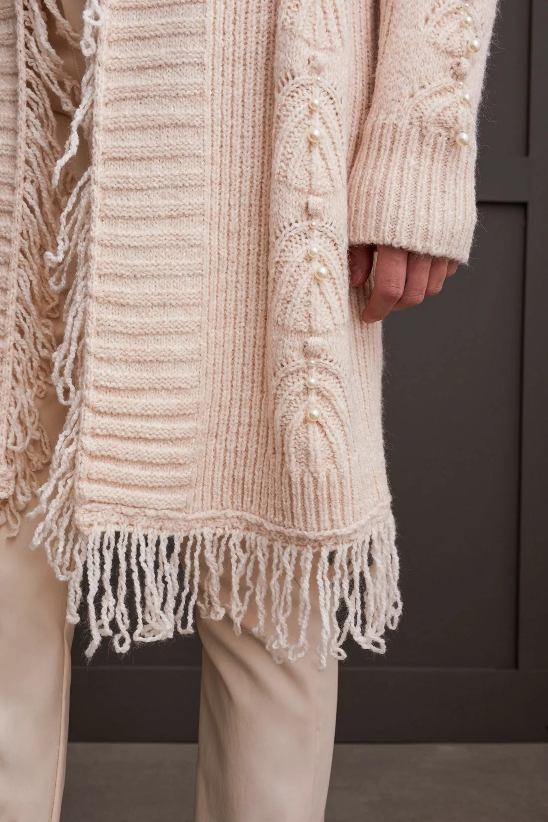 FRINGED SWEATER CARDIGAN WITH PEARL DETAILS-Moonstone