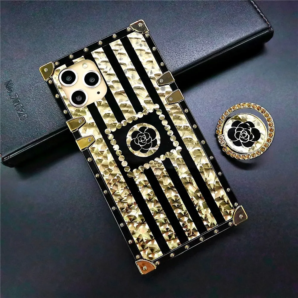 Glitter Flower Case for iphone 14 PRO 13 PRO MAX 11 12 PRO MAX Gold Square Cover for Samsung S21 Ultra S22 Plus S10 S20 Note 20