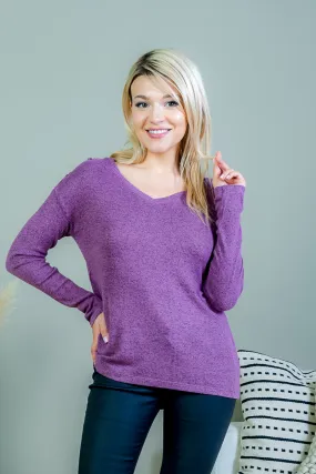 Heathered Cashmere Soft Long Sleeve V Neck Top with Criss Cross Detail at Shoulder (FK194039)