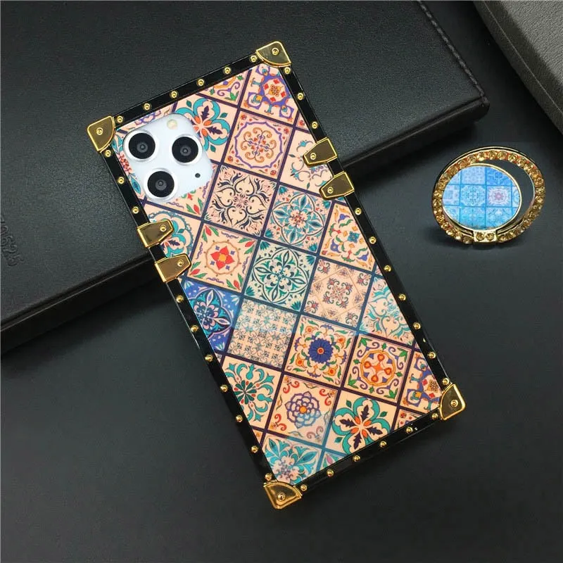 Luxury Glitter Retro Flower Cover Case for iPhone 12 PRO Max 13 PRO XS X XR Soft Square Case for iphone 14 PRO MAX 6 7 8 14 Plus